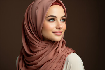 Naklejka premium Portrait of a Muslim woman in a hijab on a brown background