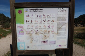 El Burguillo Reservoir, Avila, Spain, November 13, 2023: Information sign of the different birds in the El Burguillo Reservoir, Avila, Spain