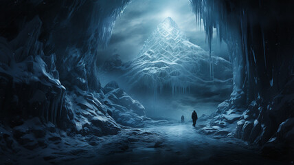 dark scene with a man in a dark cave. illustration - obrazy, fototapety, plakaty