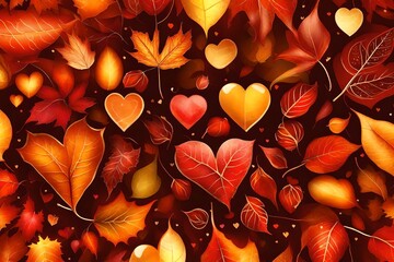 Autumn leaves with hearts naturally HD glow - obrazy, fototapety, plakaty