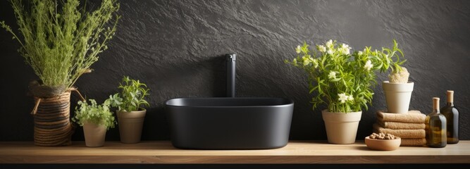 Minimalist Wooden Counter with Black Sink and Potted Plants