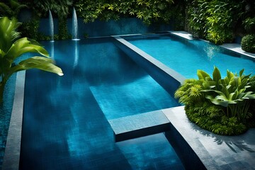 Luxury blue swimming pool in tropical garden naturally HD glow - obrazy, fototapety, plakaty