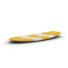 Surfboard with yellow and white colors. Board for active sport on water. Surfing in ocean. Vector illustration in 3D style on white background with shadow