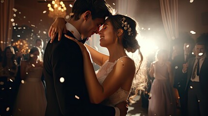 man and woman embracing in the wedding slow dance - obrazy, fototapety, plakaty