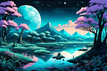 anime artwork Surrealist art landscape of a Cyan [Lilongwe:Wetlands:5], flora, Stars in the sky, side lit, dark black neon hue, contest winner . Dreamlike, mysterious, , symbolic, intricate, detailed 