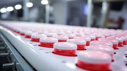A close-up of automated machines filling capsules and tablets in a pharmaceutical manufacturing plant.
