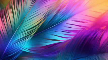 Natural, palm leaves and tropical iridescent plants shape background for wallpaper, design and backdrop. Colourful, holographic and futuristic closeup 3d render of foliage for creativity and graphics