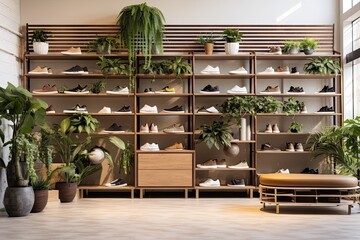 A modern retail store with a fashionable interior, offering a diverse collection of fashionable footwear.