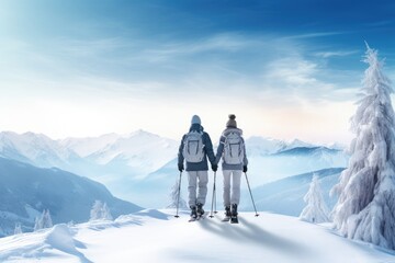 Passion for skiing against the backdrop of beautiful snowy mountains