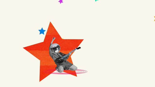 Disco party. Stylish emotional young woman as rocker playing guitar over abstract background. Stop motion, animation. Art, creativity, music lifestyle, rock, rock-n-roll and retro style concept