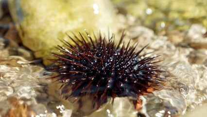 Closeup of black urchin with sharp needles lying on the rock at sea beach. Dangerous marine creature