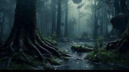 a dark forest in a rain storm H.R.Giger style.Generative AI