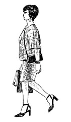 Sketch of casual young fashionable city woman with shopping bags walking outdoors on summer day