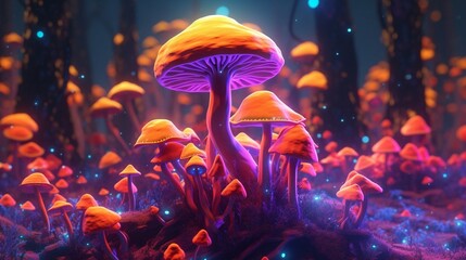 Obraz na płótnie Canvas A field of psychedelic mushrooms neon vibrant.Generative AI