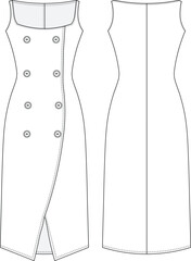 buttoned midi dress technical drawing flat sketch template cad mockup fashion woman