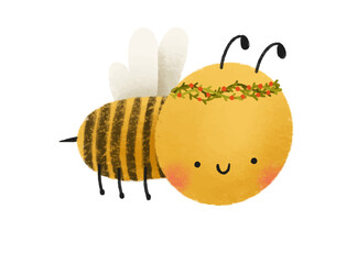 Cute cartoon bee. Bee with flower wreath
