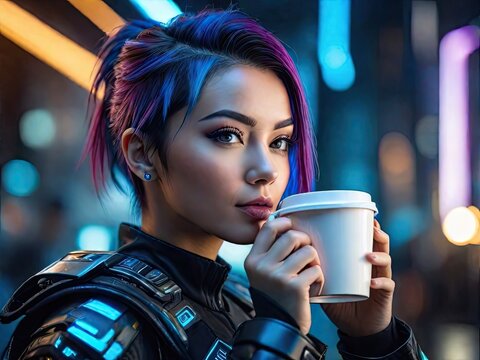 Steampunk girl drinking coffee