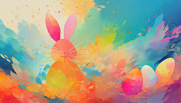 Easter egg with rabbit on abstract watercolor background. Happy Easter card - Generative AI