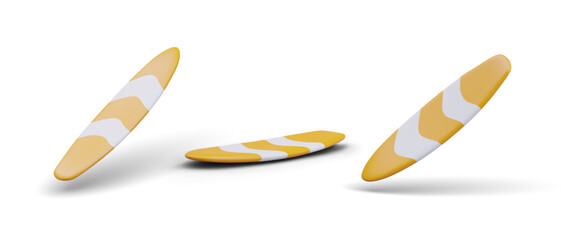 Surfing board set in different positions. Board for swim on waves. Surfing on ocean big wave. Water surfing. Vector illustration in 3d style on white background