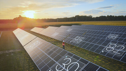 Engineer performs maintenance work on solar panels in green meadow with digital device. Animation,...