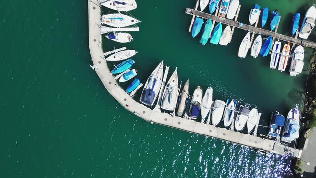bay with yachts on the shore of a mountain lake. top view.