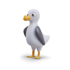 Cute vector seagull, side view. Colorful sea bird. Funny feathered character with yellow beak. Small 3D creature. Isolated vector template with shadow