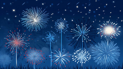 Fireworks illustration on blue background. Generative ai.