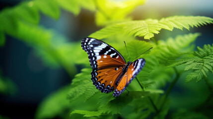 A beautiful close-up of a butterfly sitting on a green leaf
