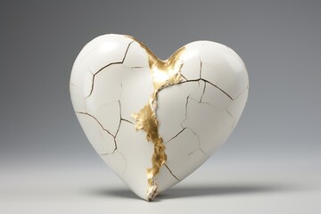 Fototapeta na wymiar White and gold heart in cracks on light background. Generative AI