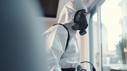 Pest control specialist in white special uniform and mask in the apartments