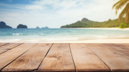 Fototapeta premium Empty wooden table top with blur background of the beach