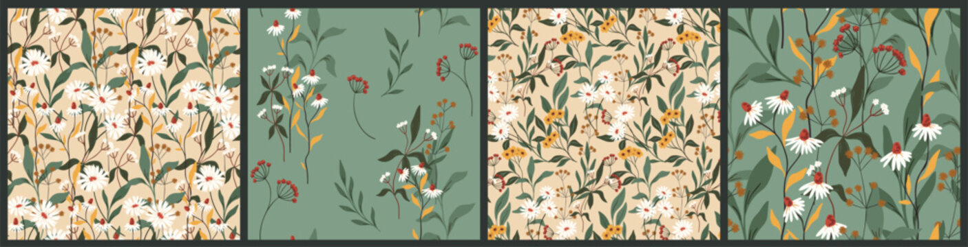 Seamless floral pattern, ditsy print collection with wild flowers. Delicate botanical design with wildflowers: hand drawn small flowers, leaves, herbs, branches on a natural color background. Vector.