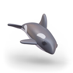 Big killer whale swimming on white background. Ocean underwater marine orca animal in black color. Concept of underwater world. Toy for kids. Vector illustration in 3d style