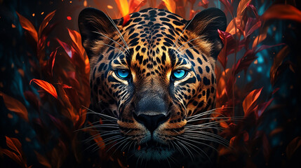 Portrait of a leopard with blue eyes in the style of surrealism. Close-up. Copy space.