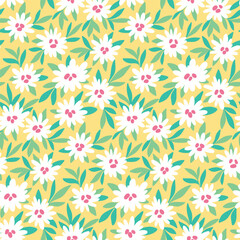 Seamless floral pattern, liberty ditsy print in a summer retro motif. Cute botanical design, simple nature pattern: small hand drawn flowers, green leaves on a yellow background. Vector illustration.