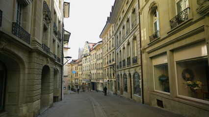Fribourg, Switzerland Circa March 2022 - Quaint Street Scene in Traditional Fribourg Swiss Town, Picturesque Authentic Street Charm