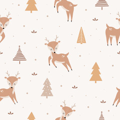 Obraz na płótnie Canvas Winter Christmas seamless pattern with cute reindeer and forest. Cartoon animal winter background. For wallpaper, textile, wrapping paper and print design. Vector illustration