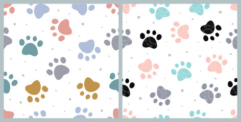 Seamless pattern cute animal footprint. Paw print pastel background. Design for kids apparel, cards, fabric, wallpaper. Vector Illustration