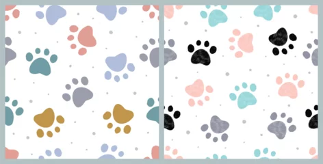 Tuinposter Seamless pattern cute animal footprint. Paw print pastel background. Design for kids apparel, cards, fabric, wallpaper. Vector Illustration © LindaAyu