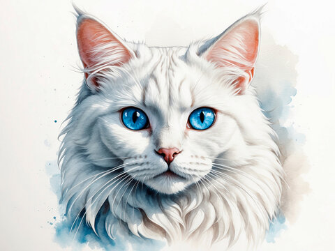 White cat with blue eyes painted in watercolor.