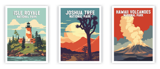 Hawaii Volcanoes, Isle Royale, Joshua Tree, National Park Illustration Art. Travel Poster Wall Art. Minimalist Vector art. - obrazy, fototapety, plakaty