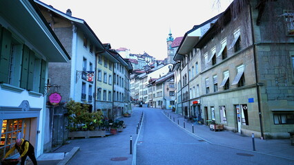 Fribourg, Switzerland Circa March 2022 - Street view of traditional Swiss town