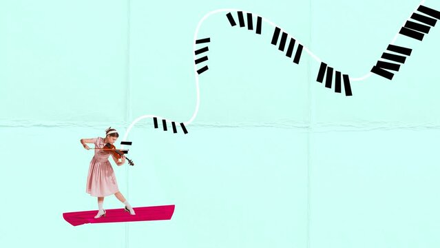 Lyric melody. Stop motion, animation. Tender young retro woman playing violin. Classical music performer. Pastel art style. Concept of creativity, retro style, music lifestyle, design.