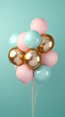 Pink, blue and golden balloons  isolated on blue background