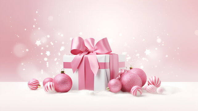 .Pink Christmas arrangement gift box with pink ribbon bow and pastel pink Christmas baubles, glitter and light pink bokeh in the background with copy space. Barbie style Christmas background