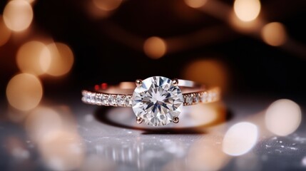 Wedding rings with diamonds on bokeh background, close up