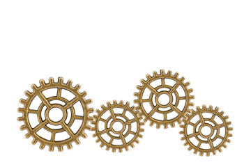 Gear and cogs wheels isolated on a white background, clock mechanism, brass metal engine industrial.