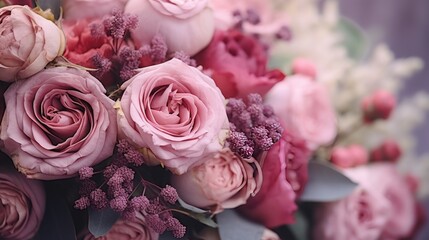 Fototapeta premium Bouquet of pink roses and lilac flowers, close up