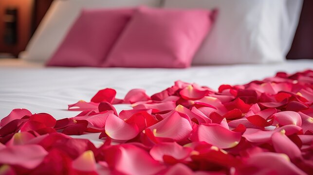 pink rose petals on the bed in the hotel room