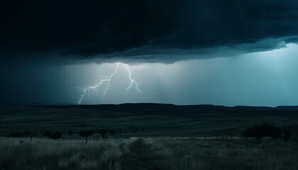 Naklejka na ściany i meble Electricity crackles through the ominous storm cloud in the night sky generated by AI
